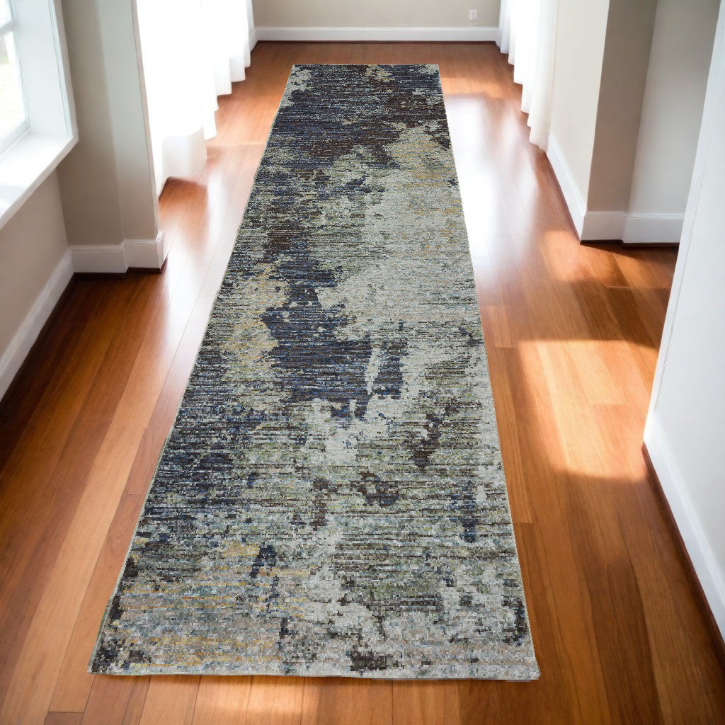 12' Runner Navy and Blue Abstract Power Loom Runner Rug