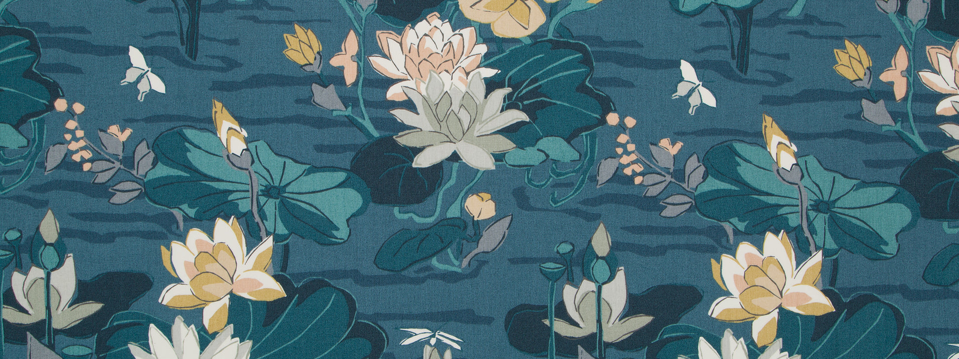 Teal botanical pattern with water lilies and large leaves; cream and yellow accents, seamless floral textile design.