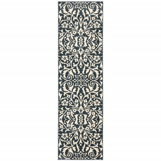 2' X 8' Blue And Ivory Floral Power Loom Stain Resistant Runner Rug