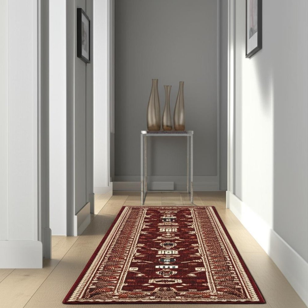 12' Red And Ivory Genuine Wool Oriental Runner Rug With Fringe
