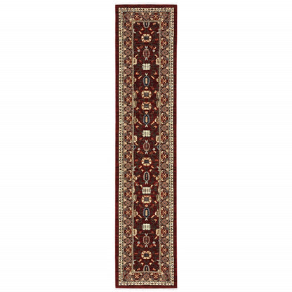 12' Red And Ivory Genuine Wool Oriental Runner Rug With Fringe