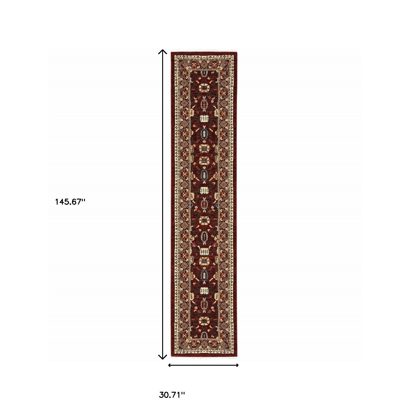 2' X 10' Red And Ivory Oriental Power Loom Runner Rug With Fringe