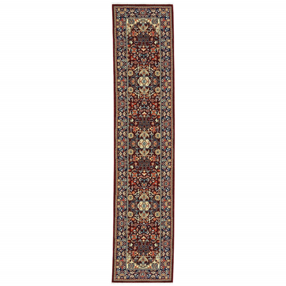 12' Blue And Red Genuine Wool Oriental Runner Rug With Fringe