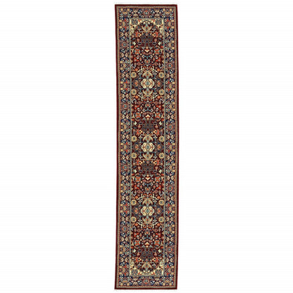 12' Blue And Red Genuine Wool Oriental Runner Rug With Fringe
