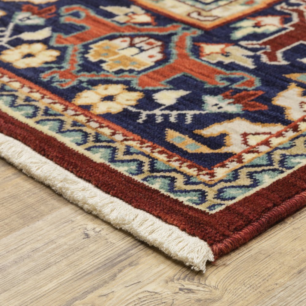 12' Blue And Red Genuine Wool Oriental Runner Rug With Fringe