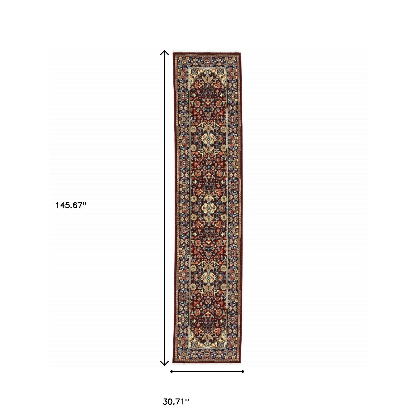 2' X 10' Blue And Red Oriental Power Loom Runner Rug With Fringe