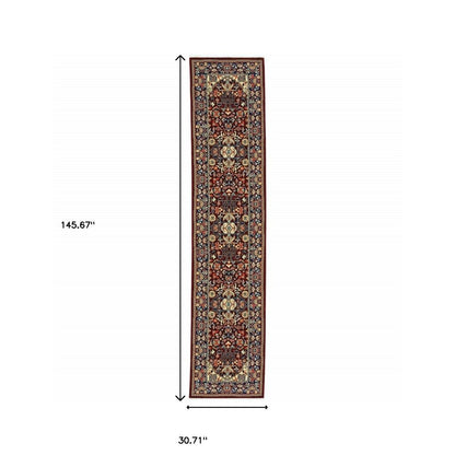 12' Blue And Red Genuine Wool Oriental Runner Rug With Fringe