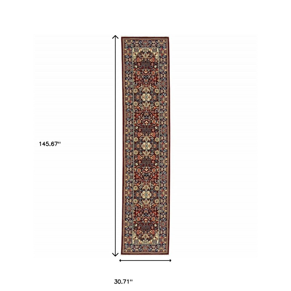 12' Blue And Red Genuine Wool Oriental Runner Rug With Fringe