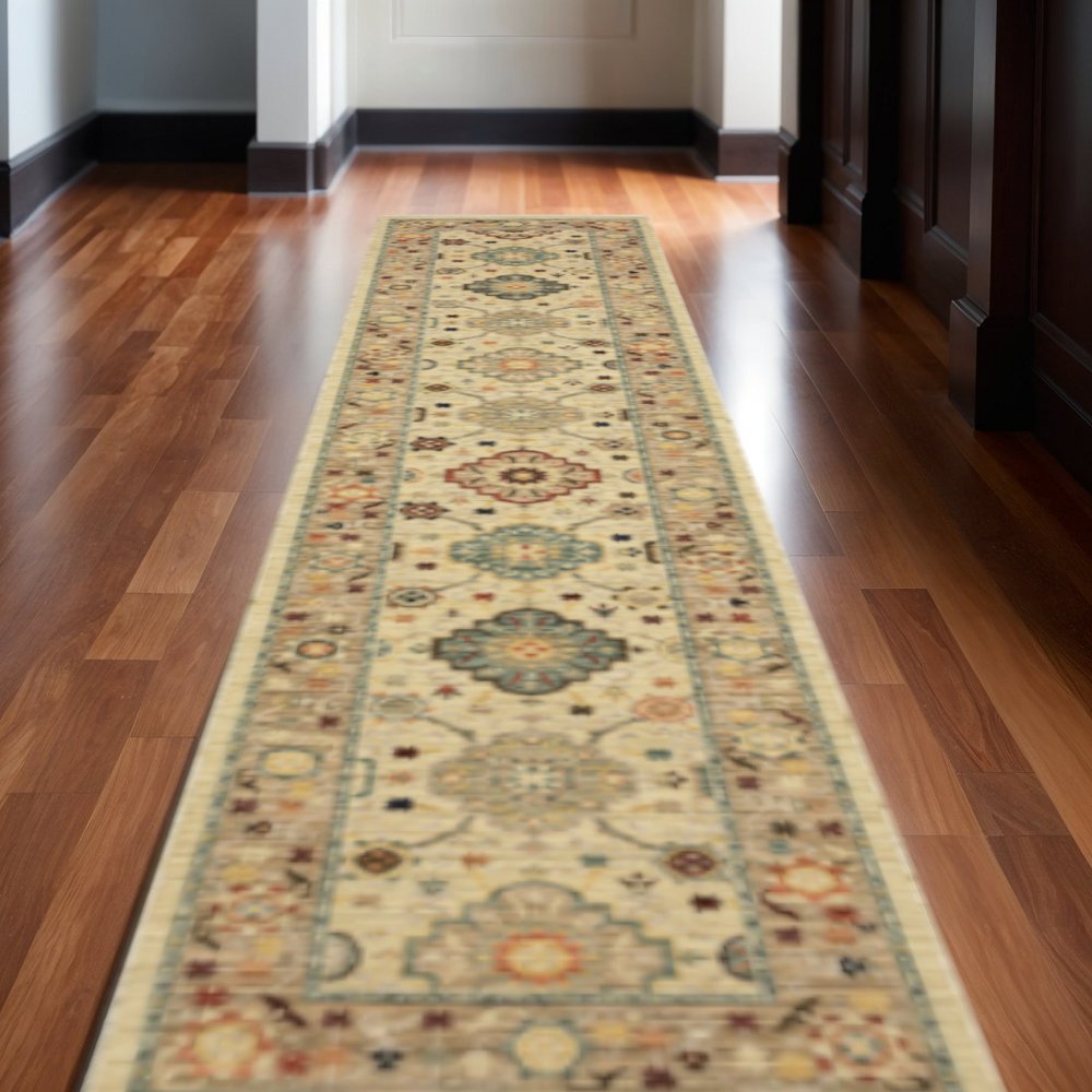 12' Beige And Ivory Genuine Wool Oriental Runner Rug With Fringe