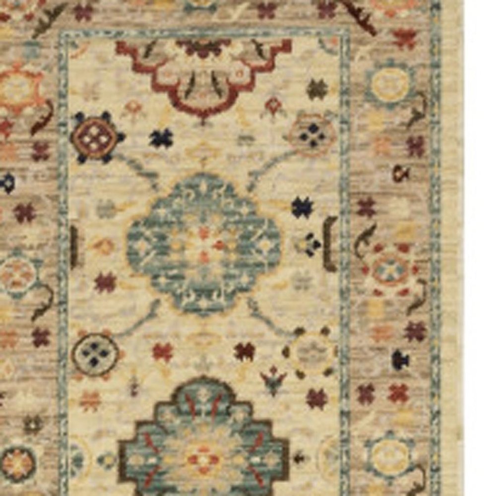 12' Beige And Ivory Genuine Wool Oriental Runner Rug With Fringe