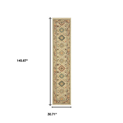 12' Beige And Ivory Genuine Wool Oriental Runner Rug With Fringe