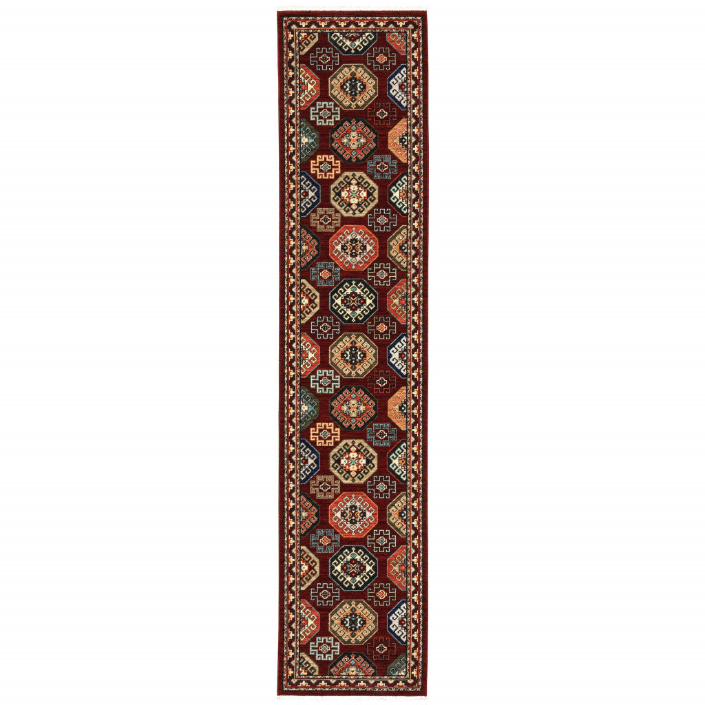 2' X 10' Red And Ivory Oriental Power Loom Runner Rug With Fringe