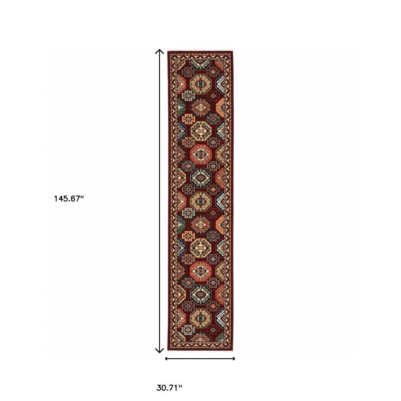 2' X 10' Red And Ivory Oriental Power Loom Runner Rug With Fringe