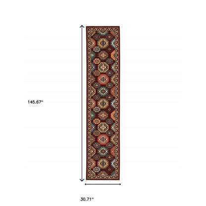 12' Red And Ivory Genuine Wool Oriental Runner Rug With Fringe