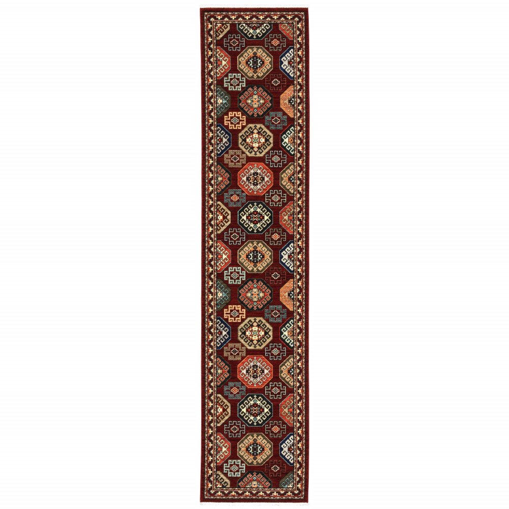 12' Red And Ivory Genuine Wool Oriental Runner Rug With Fringe