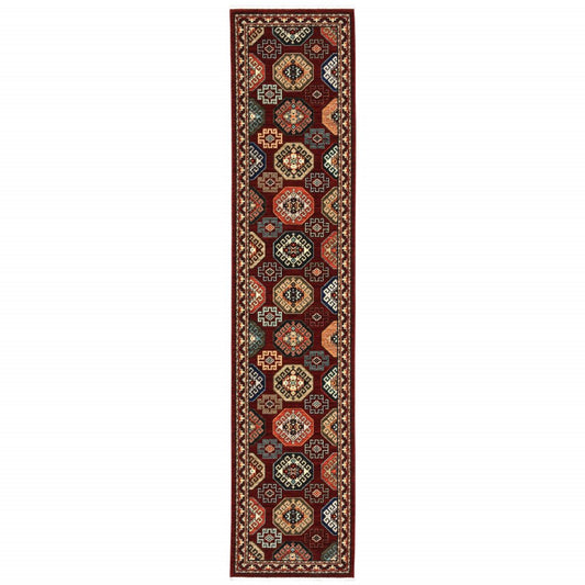12' Red And Ivory Genuine Wool Oriental Runner Rug With Fringe