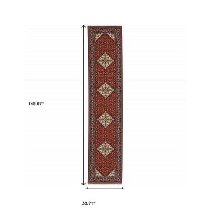 12' Blue And Red Genuine Wool Oriental Runner Rug With Fringe
