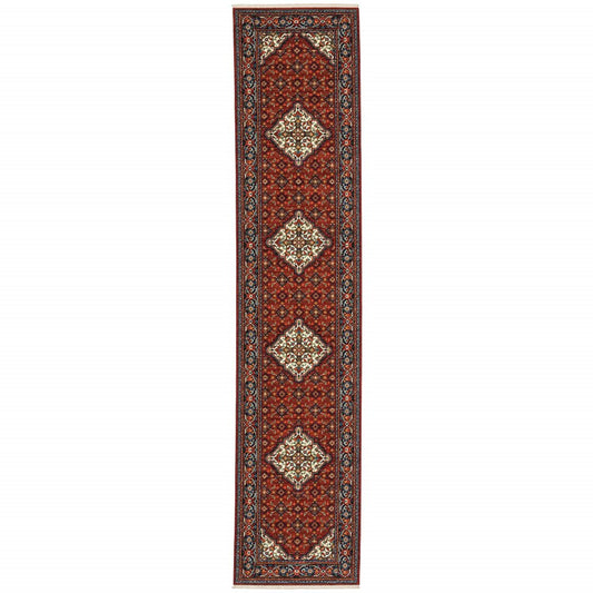 12' Blue And Red Genuine Wool Oriental Runner Rug With Fringe