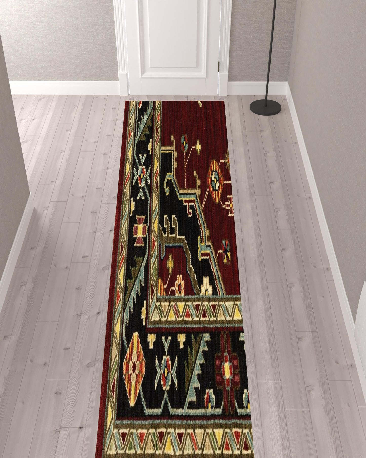 12' Red And Black Oriental Power Loom Runner Rug With Fringe