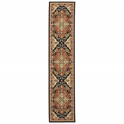12' Red And Black Oriental Power Loom Runner Rug With Fringe
