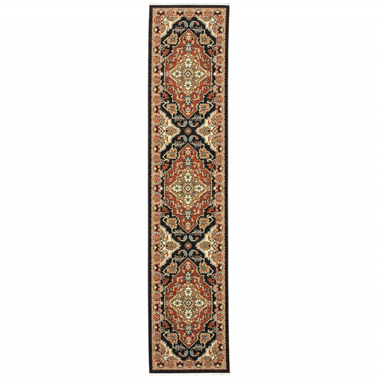 12' Red And Black Oriental Power Loom Runner Rug With Fringe