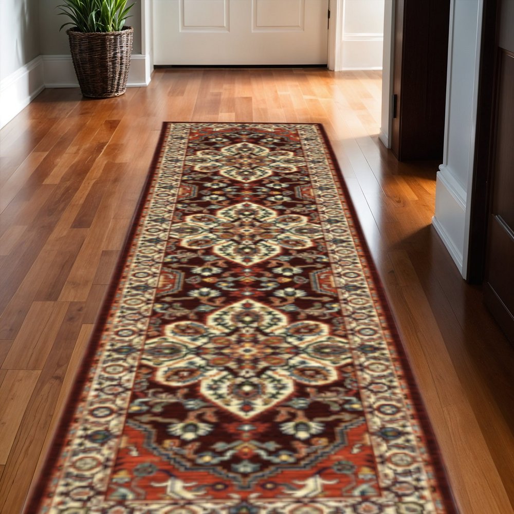 12' Red And Ivory Genuine Wool Oriental Runner Rug With Fringe