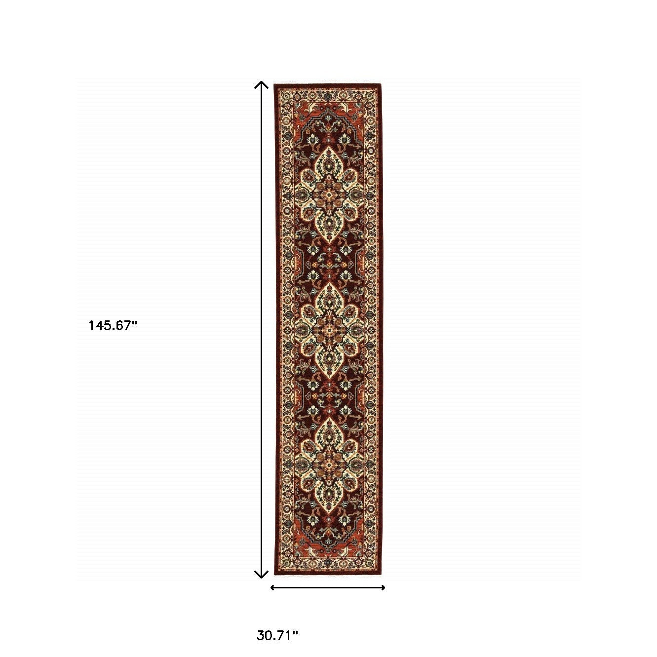 2' X 10' Red And Ivory Oriental Power Loom Runner Rug With Fringe