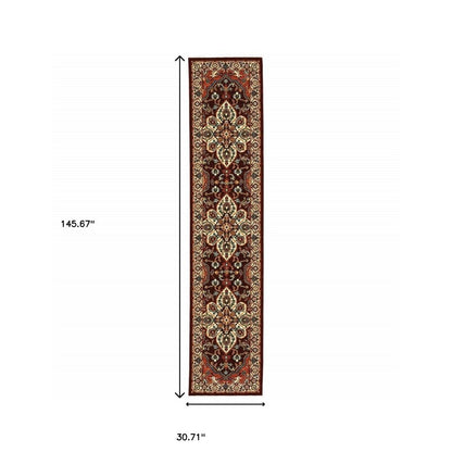 12' Red And Ivory Genuine Wool Oriental Runner Rug With Fringe