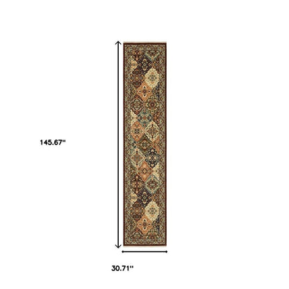 12' Red And Ivory Genuine Wool Oriental Runner Rug With Fringe