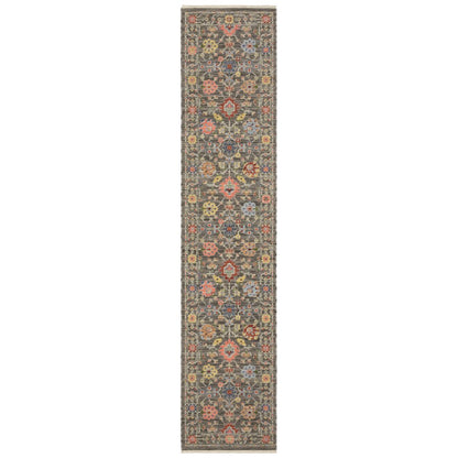 12' Gray And Ivory Genuine Wool Oriental Runner Rug With Fringe