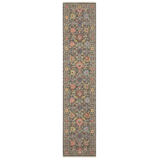 12' Gray And Ivory Genuine Wool Oriental Runner Rug With Fringe
