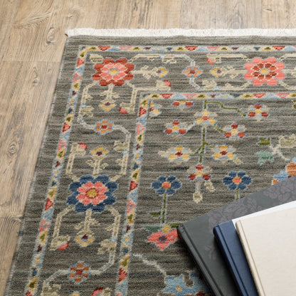 12' Gray And Ivory Genuine Wool Oriental Runner Rug With Fringe