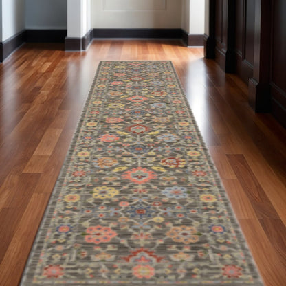 12' Gray And Ivory Genuine Wool Oriental Runner Rug With Fringe