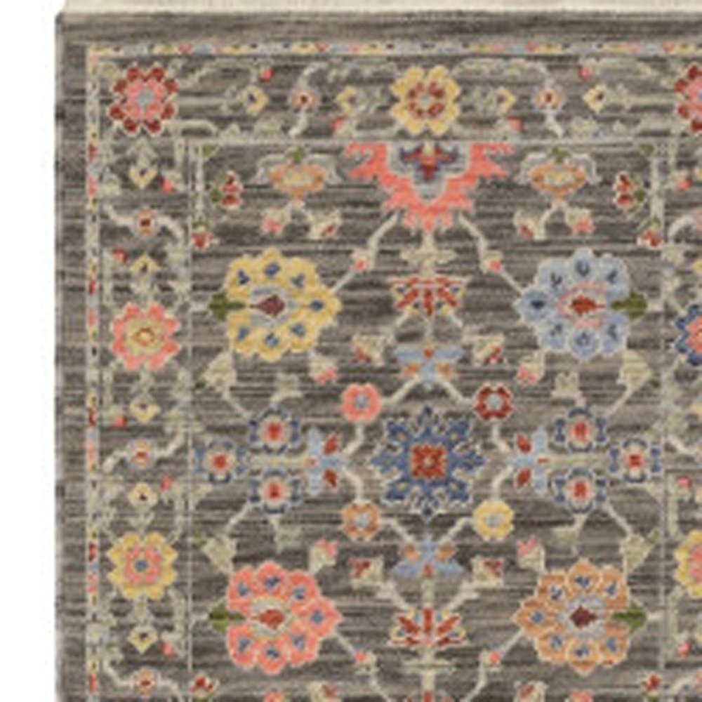 12' Gray And Ivory Genuine Wool Oriental Runner Rug With Fringe