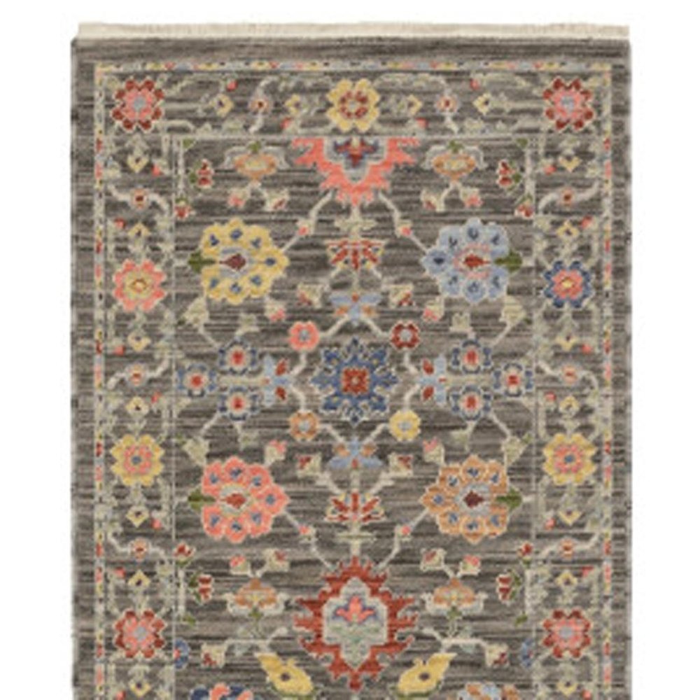 12' Gray And Ivory Genuine Wool Oriental Runner Rug With Fringe