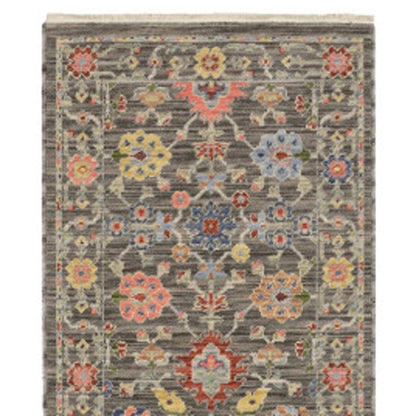 12' Gray And Ivory Genuine Wool Oriental Runner Rug With Fringe