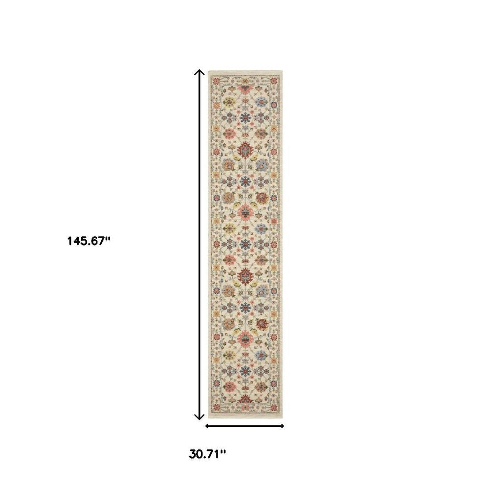 12' Orange And Ivory Genuine Wool Oriental Runner Rug With Fringe