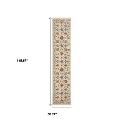 12' Orange And Ivory Genuine Wool Oriental Runner Rug With Fringe