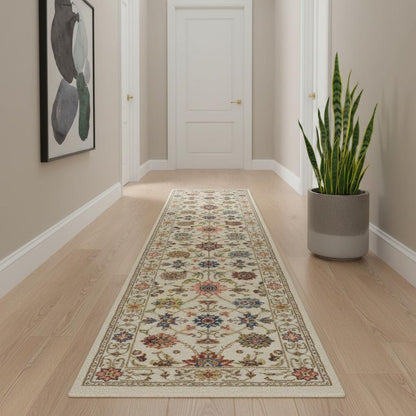 12' Orange And Ivory Genuine Wool Oriental Runner Rug With Fringe