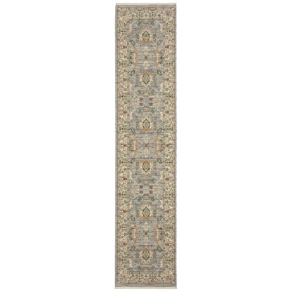 12' Gray And Ivory Genuine Wool Oriental Runner Rug With Fringe