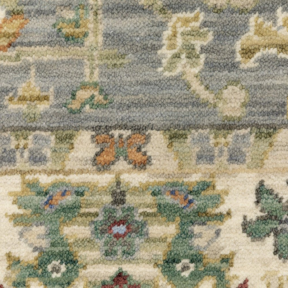 12' Gray And Ivory Genuine Wool Oriental Runner Rug With Fringe