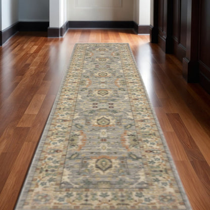 12' Gray And Ivory Genuine Wool Oriental Runner Rug With Fringe
