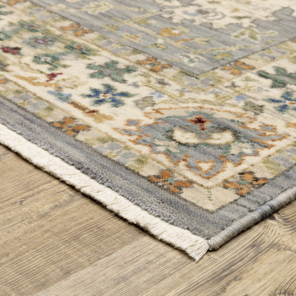 12' Gray And Ivory Genuine Wool Oriental Runner Rug With Fringe