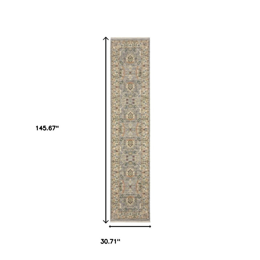 12' Gray And Ivory Genuine Wool Oriental Runner Rug With Fringe