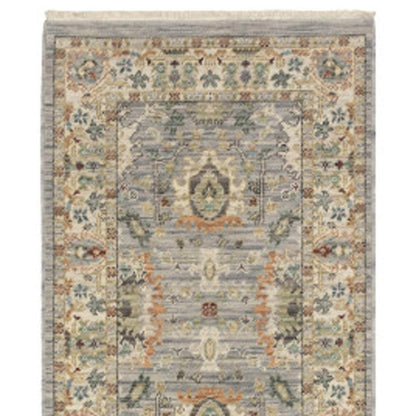 12' Gray And Ivory Genuine Wool Oriental Runner Rug With Fringe