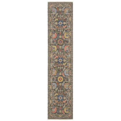 12' Charcoal Genuine Wool Oriental Runner Rug With Fringe