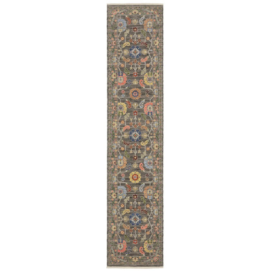 12' Charcoal Genuine Wool Oriental Runner Rug With Fringe