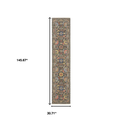 12' Charcoal Genuine Wool Oriental Runner Rug With Fringe