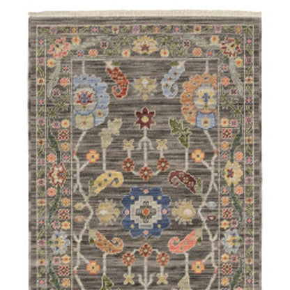 12' Charcoal Genuine Wool Oriental Runner Rug With Fringe