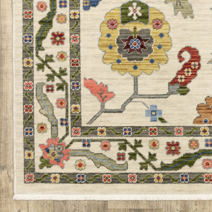 12' Ivory Gray And Red Oriental Runner Rug